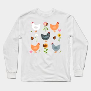 Chickens in the Flower Garden on Pink Long Sleeve T-Shirt